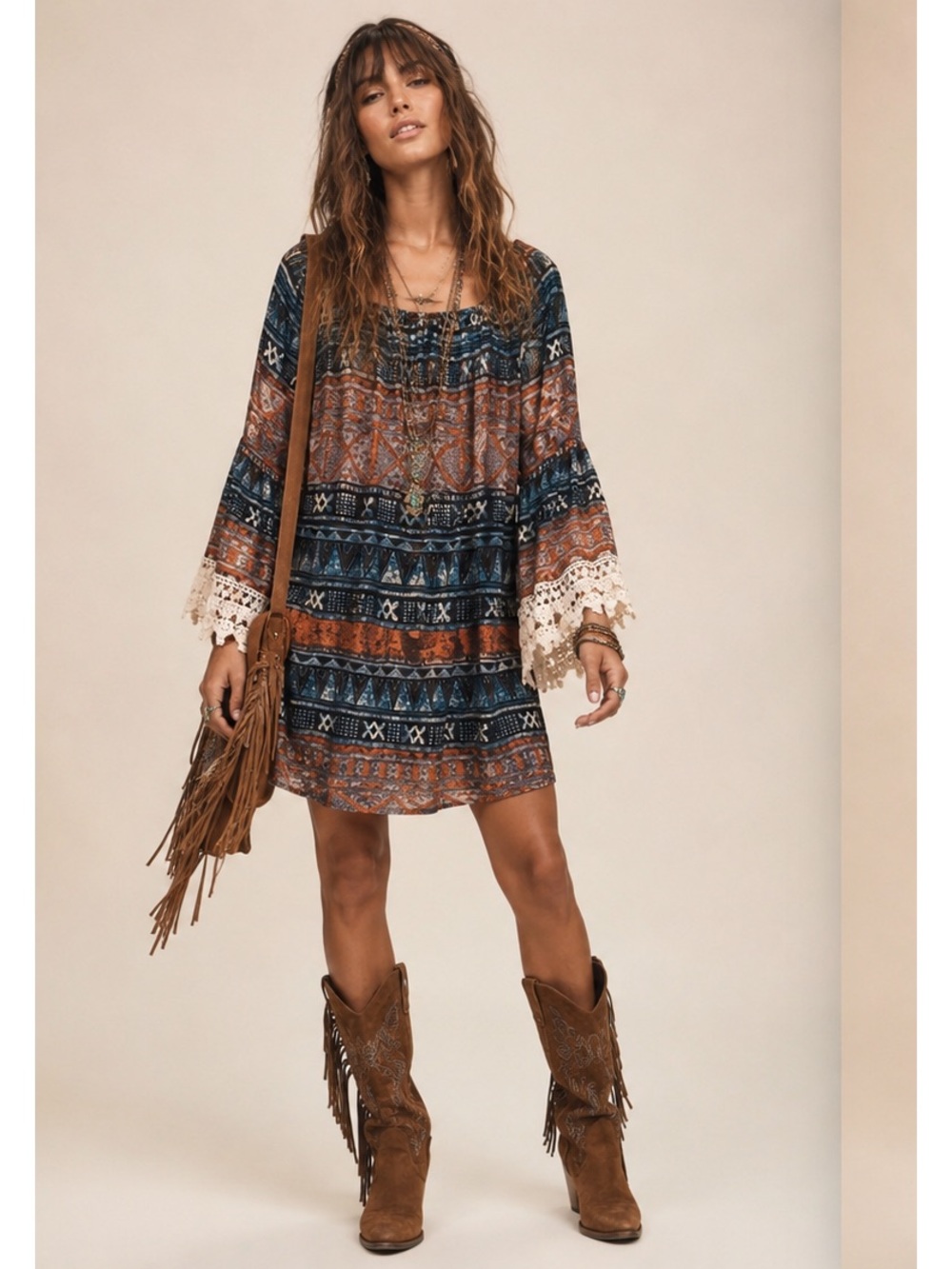 Christian Caliendo Brown & Teal 3/4 Bell Sleeve, Hippie Boho 70’s Dress Medium